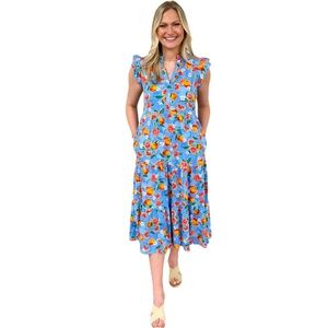Liza Byrd Campbell Flutter Sleeve Midi in Fresh Squeezed Periwinkle Orange NWT